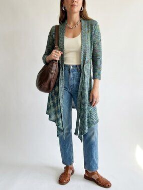 Susan Lawrence Space Dye Open Knit Tie Front Cardigan Medium Boho